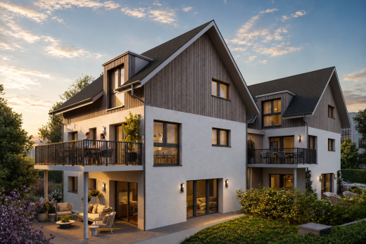 façade avec dusk, bardage vertical, rendered, bardage en bois, et espace de vie extérieur