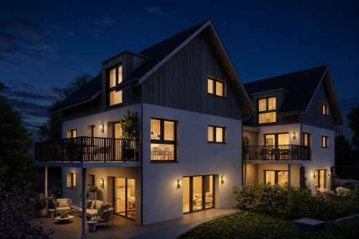 façade avec rendered, espace de vie extérieur, property visible, bardage vertical, et balcon
