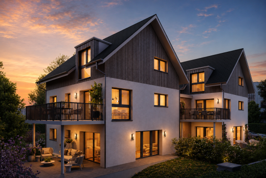 outdoor house at dusk with outdoor lounge area, a balcony, board and batten siding, and a patio