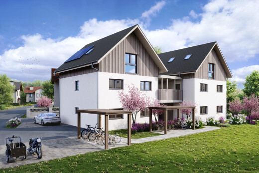 außenansicht mit balkon, vertikale verkleidung, property visible, day time, und rasen