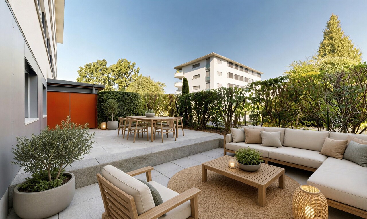 terrasse avec espace de vie extérieur, coin repas extérieur, terrasse, day time, et rendered