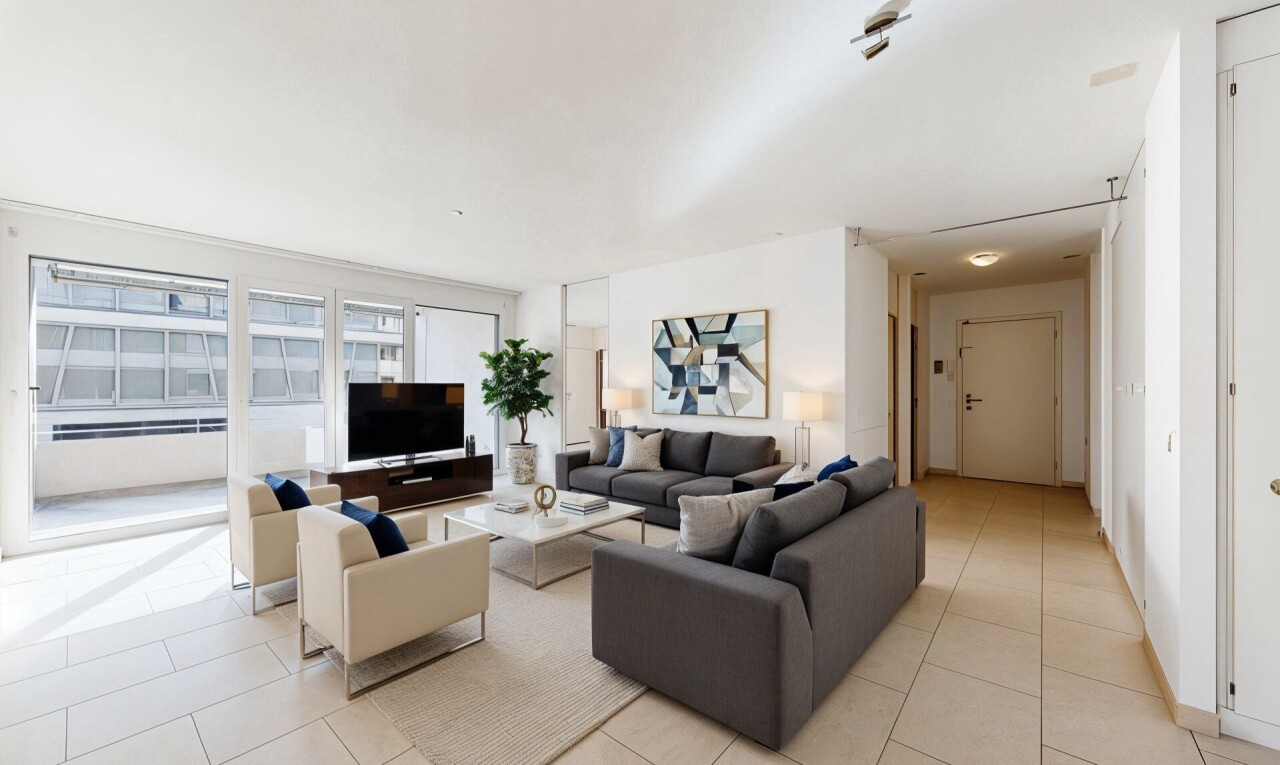 living room with light tile patterned floors