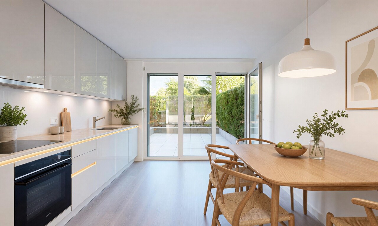 cuisine avec four, light countertops, flat panel cabinets, armoires à panneau plat, et éclairage suspendu