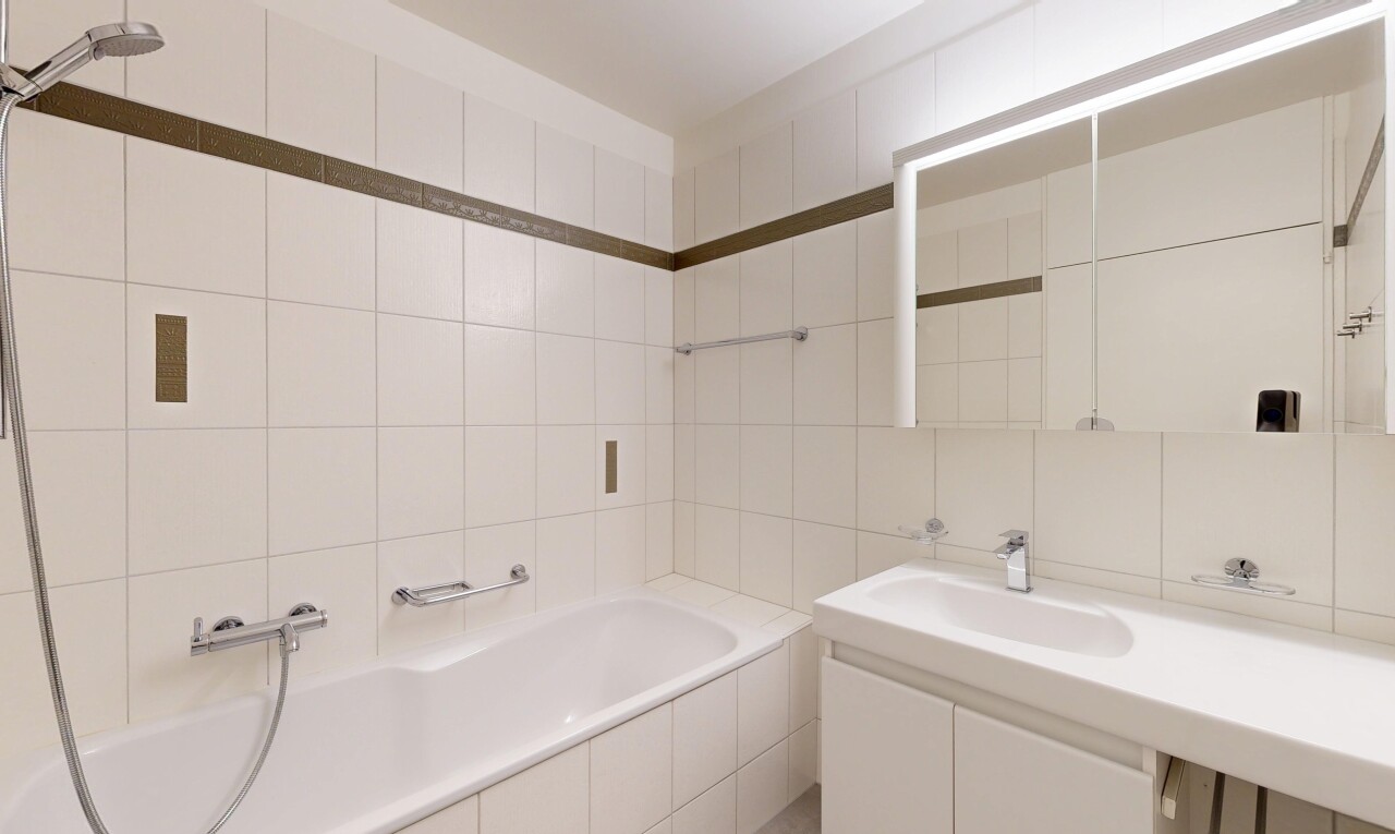 salle de bains avec mur en carrelage, tile wall, bain, salle de bain complète, et évier