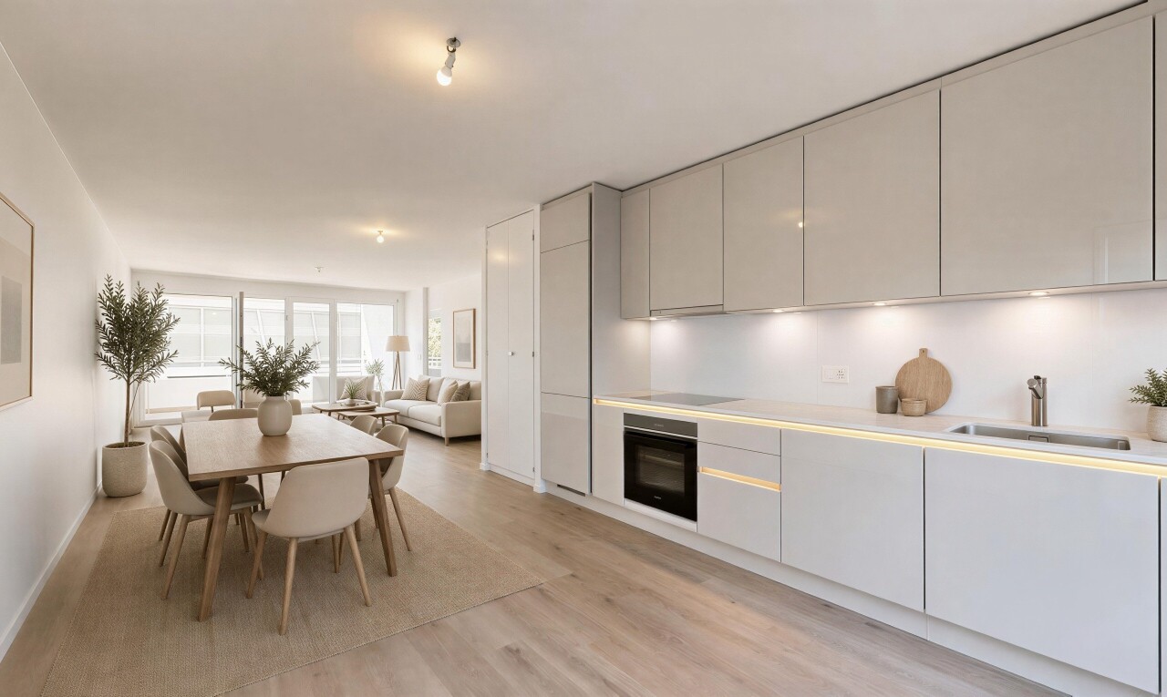 cuisine avec armoires à panneau plat, flat panel cabinets, light floor, plans de travail, et light countertops