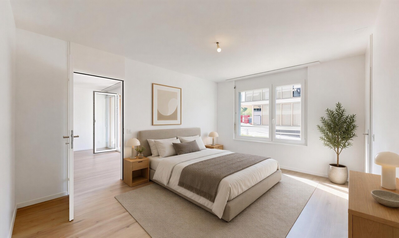 chambre avec wood finish floor, sol en finition bois, drywall, cloison sèche, et virtually staged