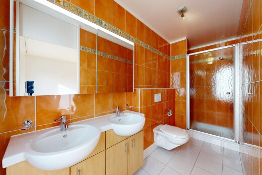 salle de bains avec tile wall, mur en carrelage, salle de bain complète, douche, et double vasque