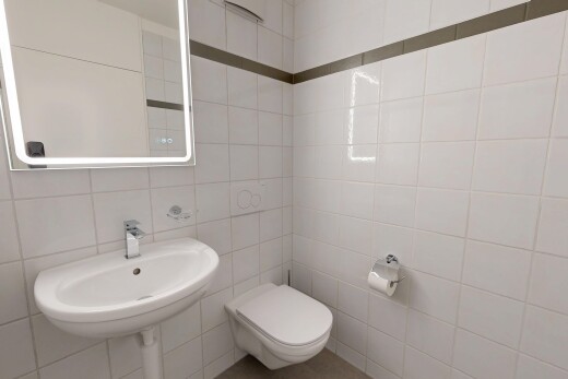 salle de bains avec mur en carrelage, tile wall, toilette, miroir, et inside property