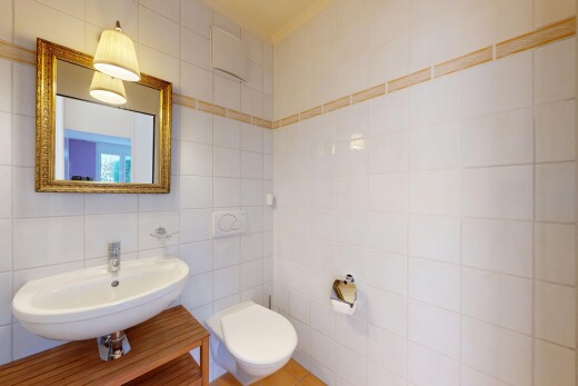 salle de bains avec miroir, tile wall, mur en carrelage, évier, et toilette