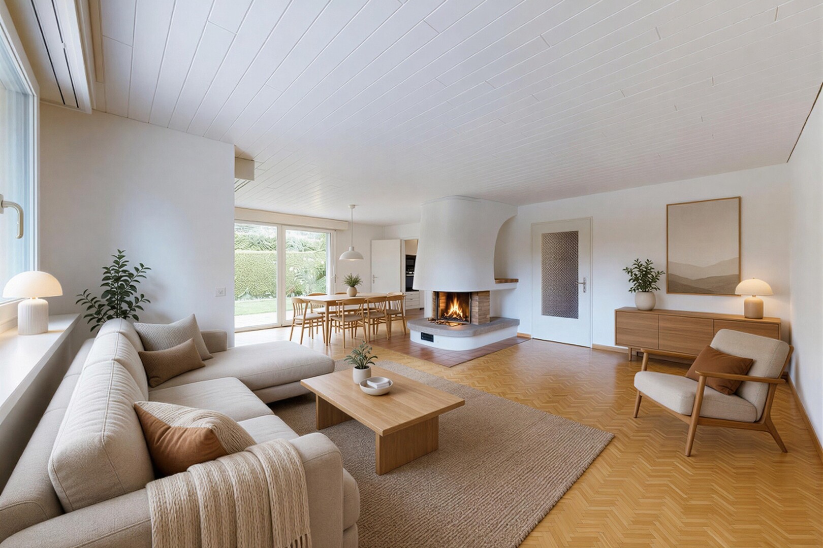 salon avec inside property, cloison sèche, drywall, sol en finition bois, et wood finish floor
