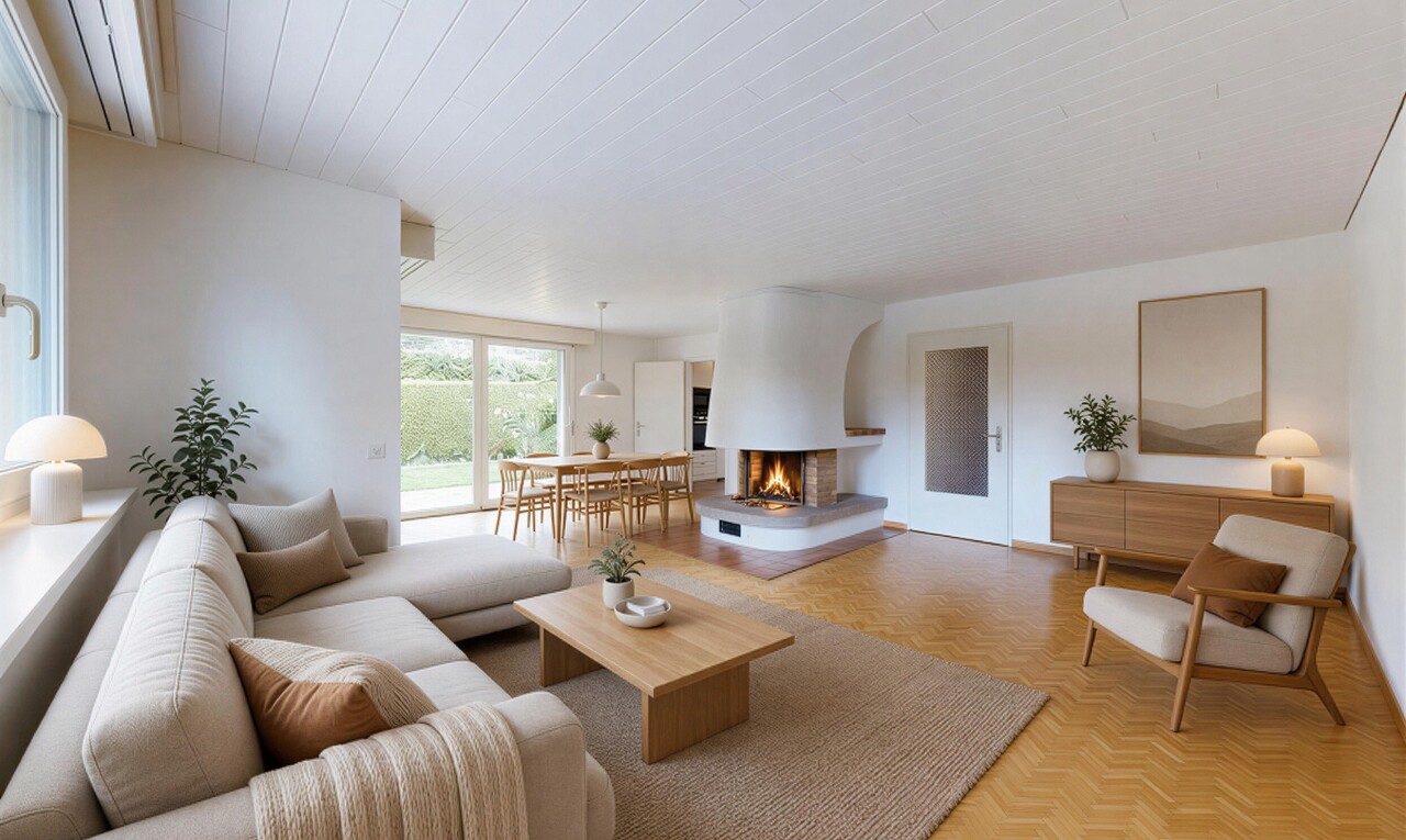 salon avec inside property, cloison sèche, drywall, sol en finition bois, et wood finish floor
