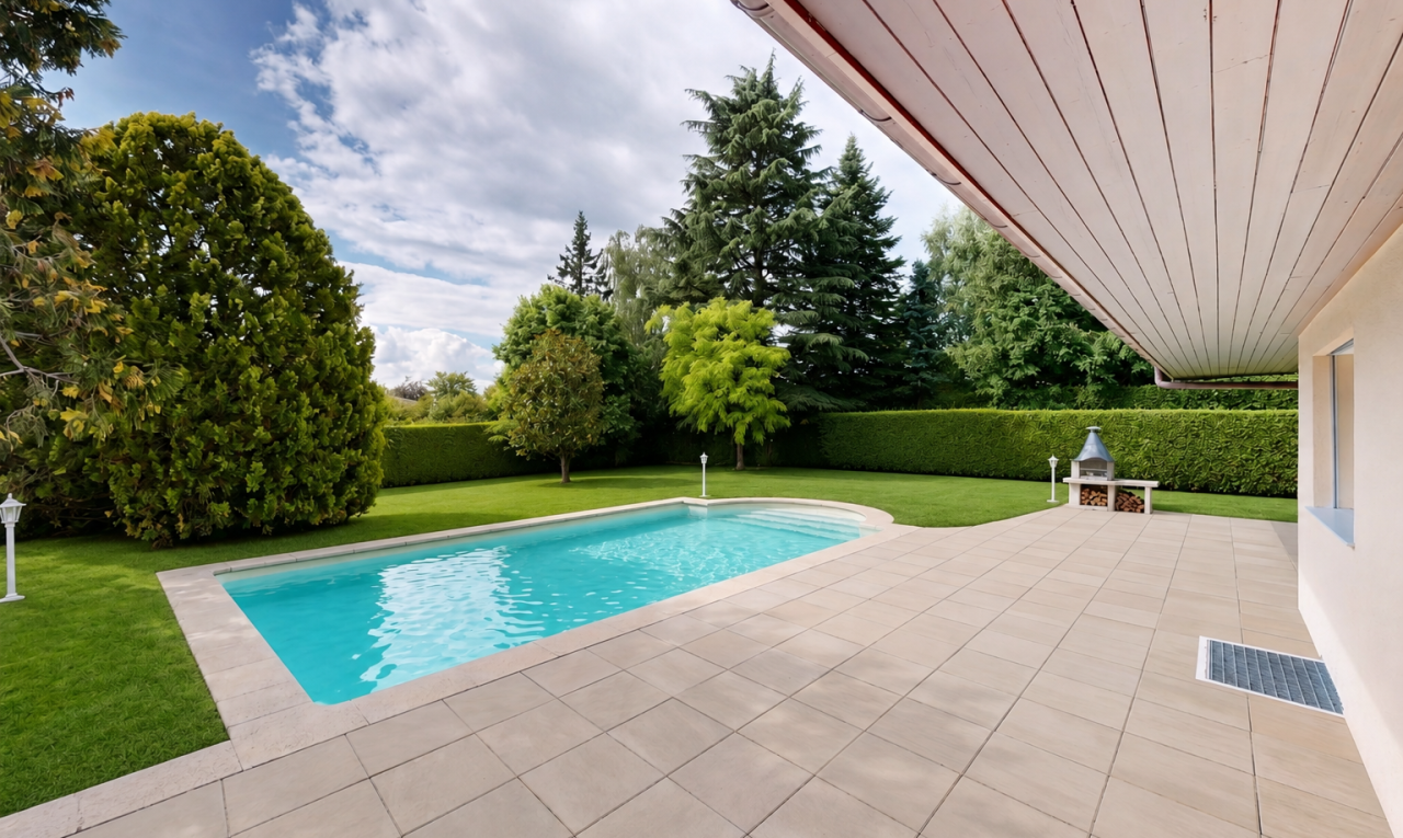 piscine avec from property, piscine, pelouse, terrasse, et clôture