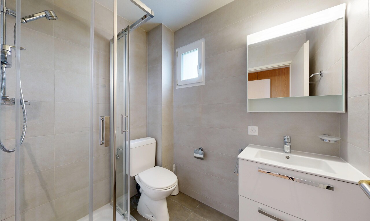 salle de bains avec miroir, salle de bain complète, douche, lavabo (ou coiffeuse selon le contexte), et toilette