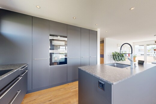 küche mit light floor, schränke mit flachen paneelen, flat panel cabinets, holzfußboden, und wood finish floor
