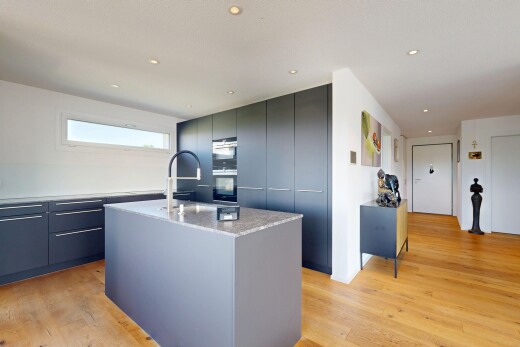 küche mit schränke mit flachen paneelen, flat panel cabinets, light countertops, light floor, und holzfußboden