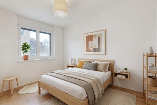 chambre avec cloison sèche, drywall, lumière naturelle, natural light, et sol en finition bois
