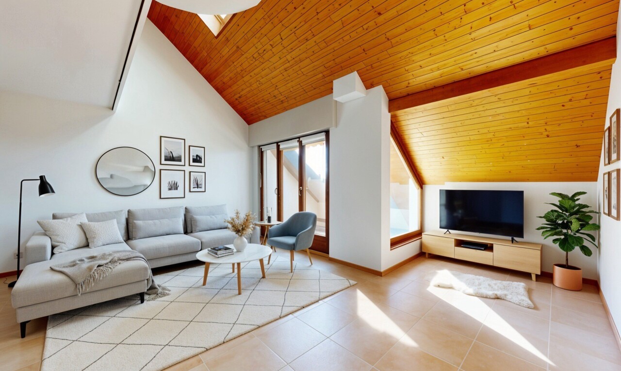 salon avec high ceiling, plafond haut, natural light, lumière naturelle, et drywall