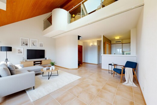salon avec high ceiling, plafond haut, vaulted ceiling, plafond voûté, et inside property