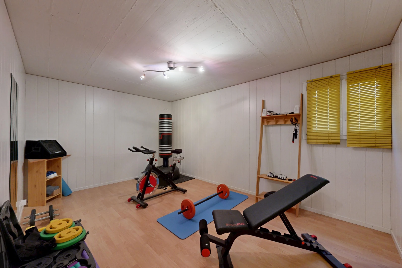 fitnessstudio mit holzfußboden, wood finish floor, holzwand, wood wall, und inside property