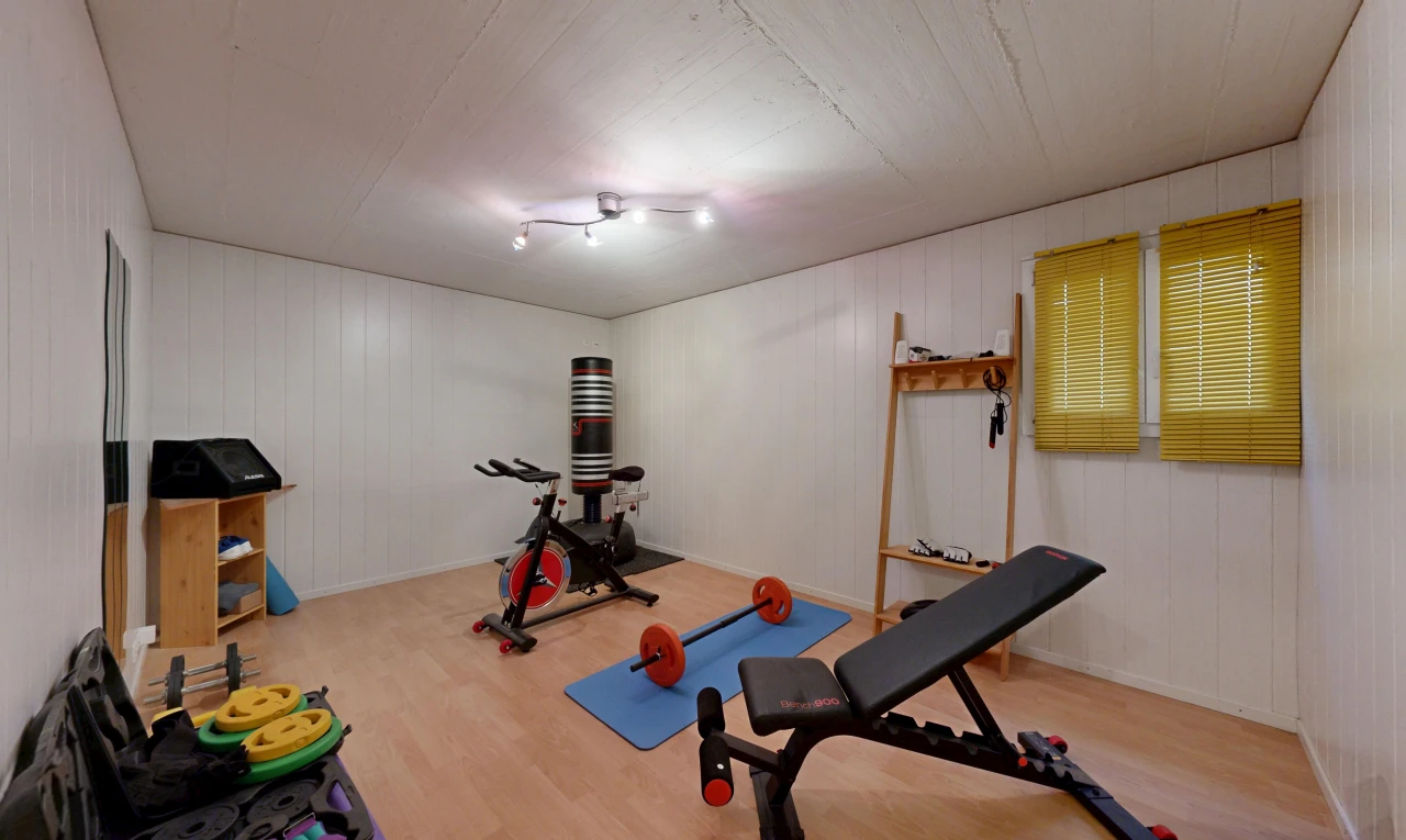 fitnessstudio mit holzfußboden, wood finish floor, holzwand, wood wall, und inside property