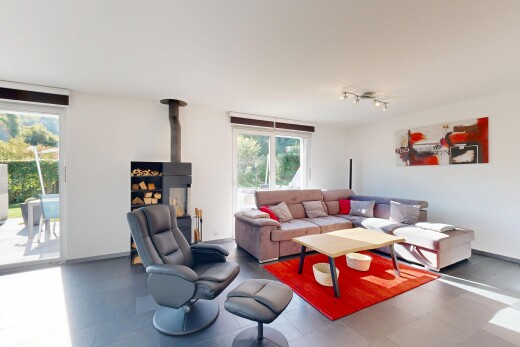 wohnzimmer mit außenzugang, holzofen, gipskartonwand, drywall, und deckenbeleuchtung