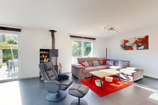 wohnzimmer mit außenzugang, holzofen, gipskartonwand, drywall, und deckenbeleuchtung