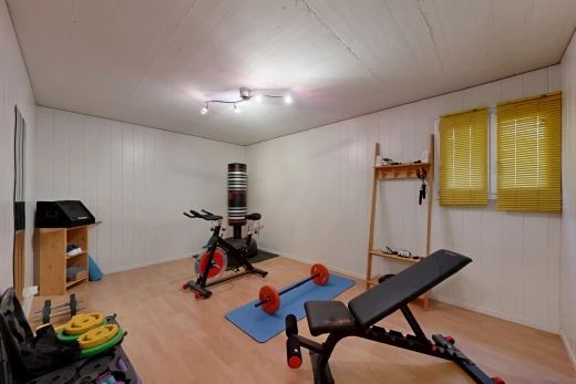 fitnessstudio mit holzfußboden, wood finish floor, holzwand, wood wall, und inside property