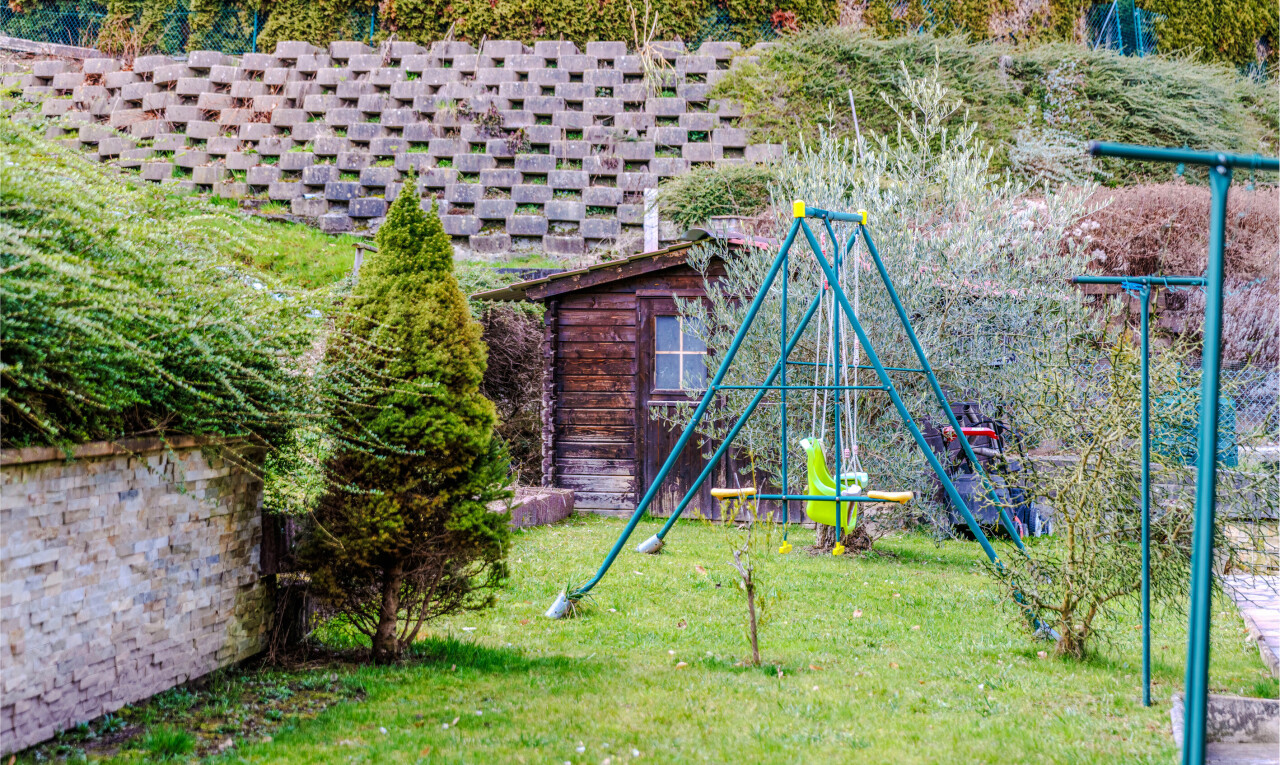 jardin avec pelouse, structure extérieure, abri, et aire de jeux