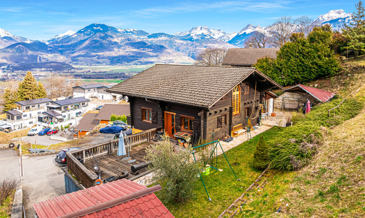 façade avec vue sur la montagne, mountain view, day time, drone view, et pelouse