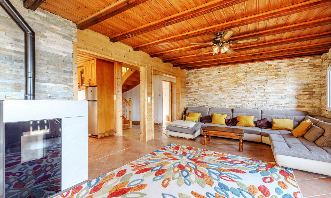 salon avec mur en pierre, stone wall, plafond en bois, wood ceiling, et poêle à bois
