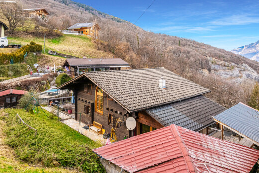 außenansicht mit blick auf die berge, mountain view, ziegeldach, drone view, und day time