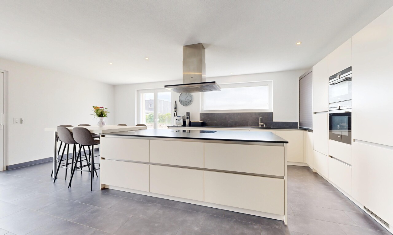 küche mit schränke mit flachen paneelen, flat panel cabinets, dunstabzugshaube, kücheninsel, und kitchen island