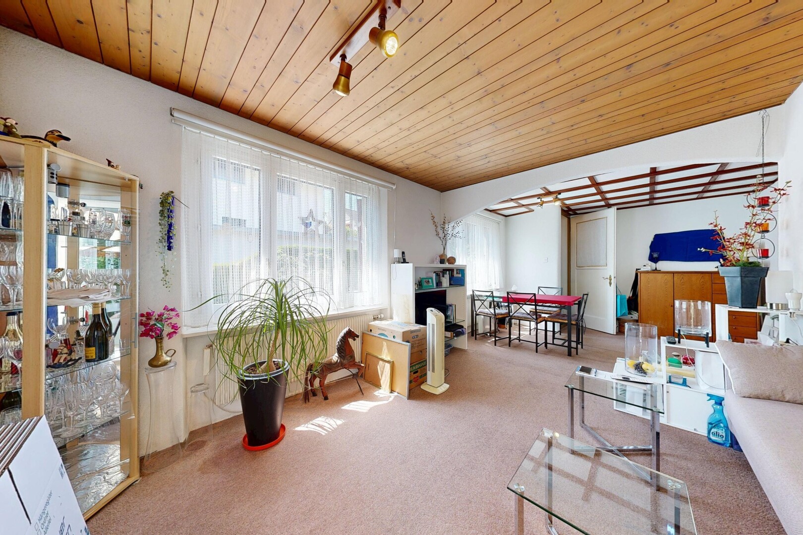 wohnzimmer mit deckenbeleuchtung, holzdecke, wood ceiling, teppich, und carpet