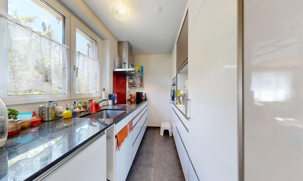 küche mit dark floor, flat panel cabinets, schränke mit flachen paneelen, dunstabzugshaube, und stone countertops