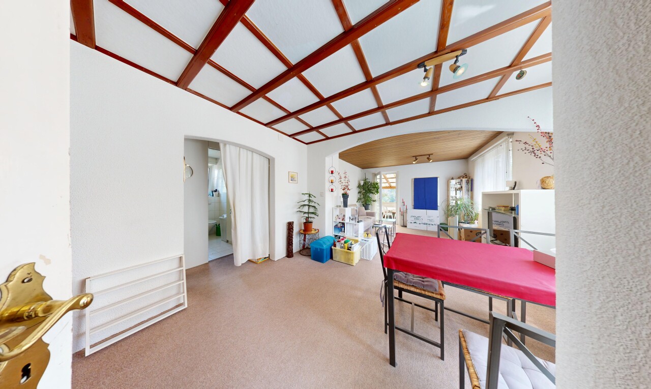 esszimmer mit deckenbeleuchtung, gewölbte gehwege, inside property, carpet, und teppich