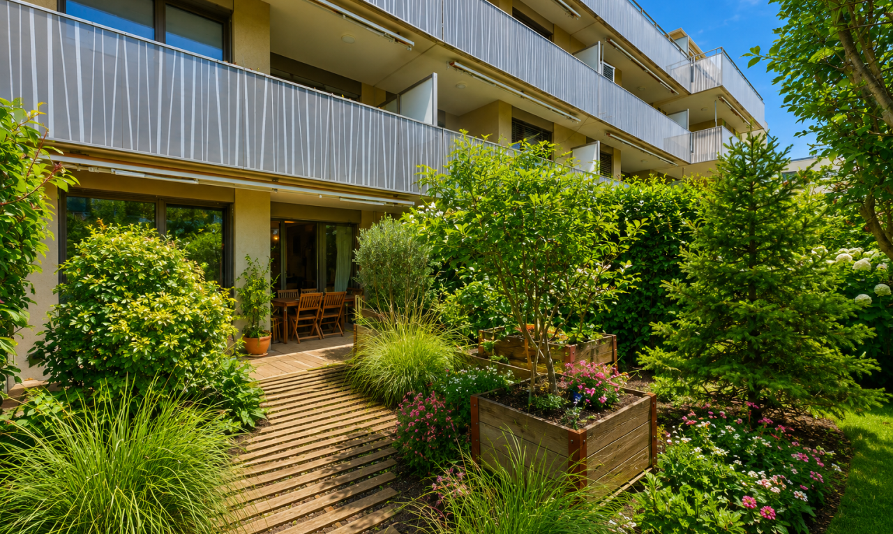 jardin avec day time, from community, balcon, et terrasse