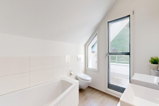 salle de bains avec salle de bain complète, plafond voûté, vaulted ceiling, lumière naturelle, et natural light