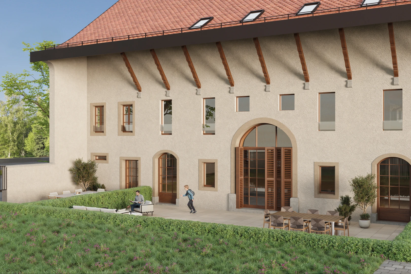 façade avec terrasse, pelouse, et bardage en stuc