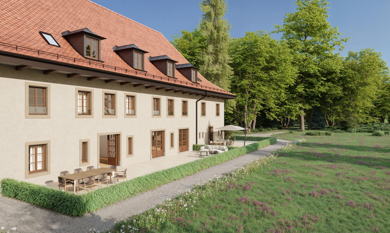 façade avec terrasse, toit mansardé, pelouse, et bardage en stuc
