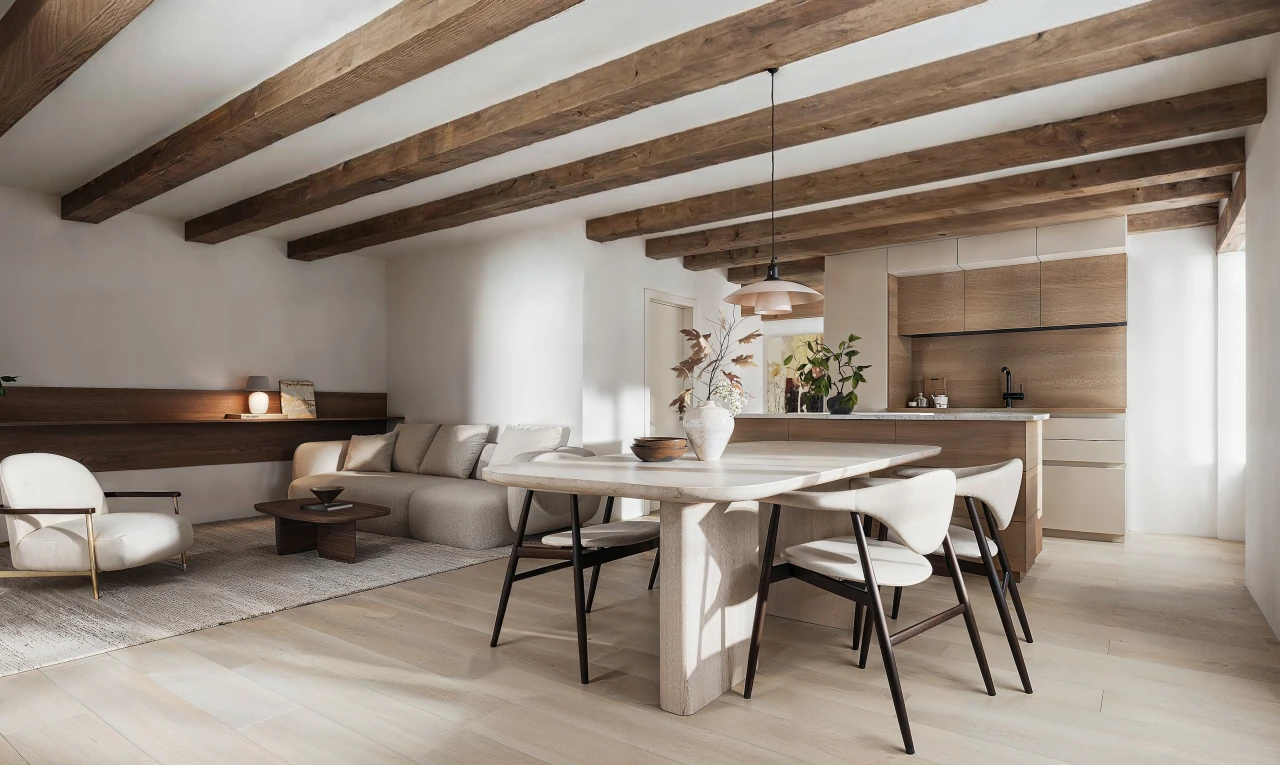 salon / salle à manger avec plafond à poutres et sol en finition bois