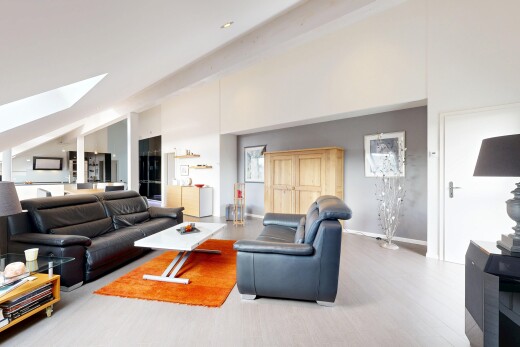 living room with high vaulted ceiling and a skylight