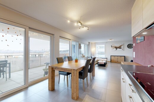 küche mit inside property, herd, dark countertops, arbeitsplatten, und light floor