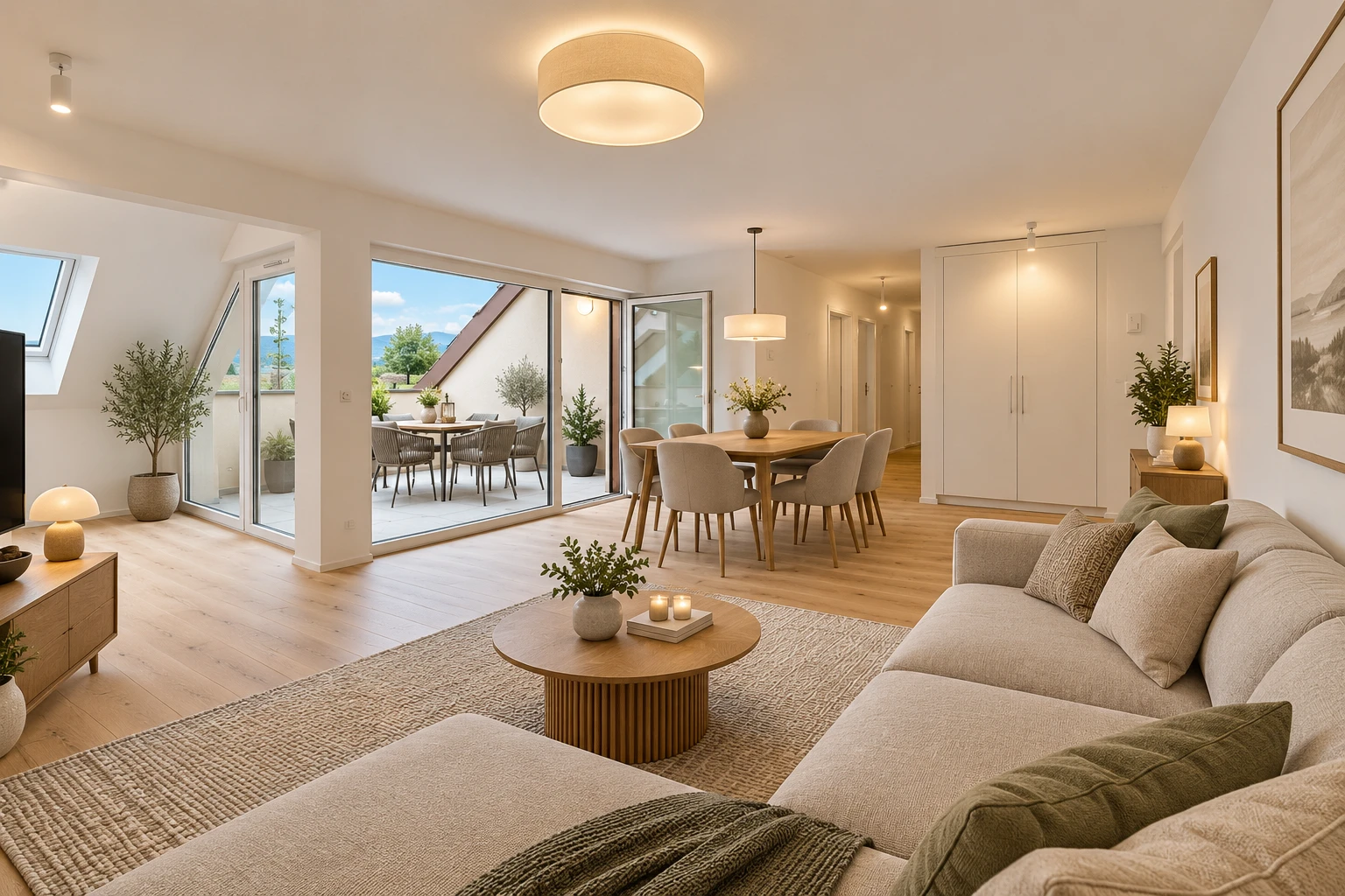 leerer raum mit pendelleuchte, außenzugang, drywall, gipskartonwand, und wood finish floor