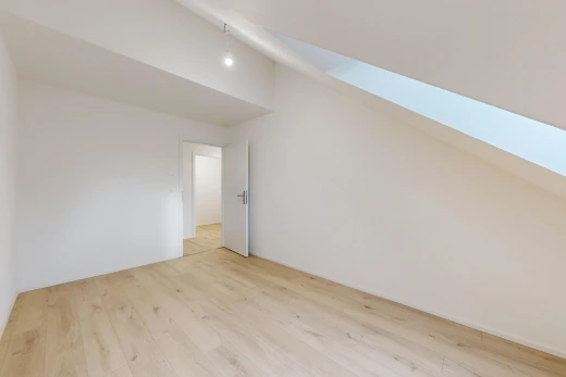leerer raum mit drywall, gipskartonwand, wood finish floor, holzfußboden, und vaulted ceiling