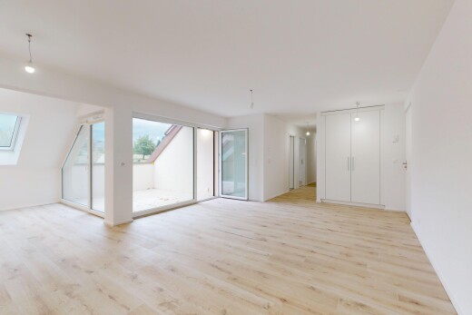 leerer raum mit pendelleuchte, außenzugang, drywall, gipskartonwand, und wood finish floor