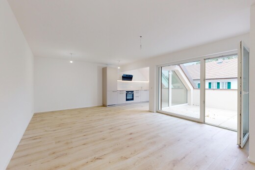leerer raum mit pendelleuchte, außenzugang, drywall, gipskartonwand, und wood finish floor