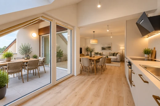 küche mit light floor, dunstabzugshaube, holzfußboden, wood finish floor, und arbeitsplatten