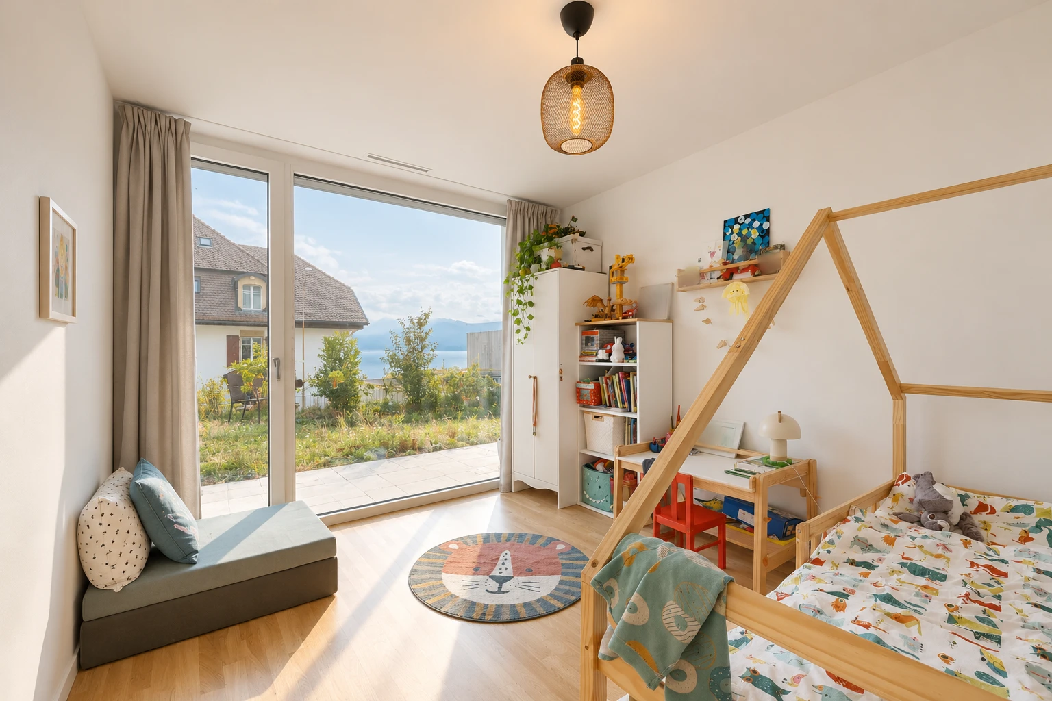 chambre avec accès à l'extérieur, cloison sèche, drywall, day time, et sol en finition bois