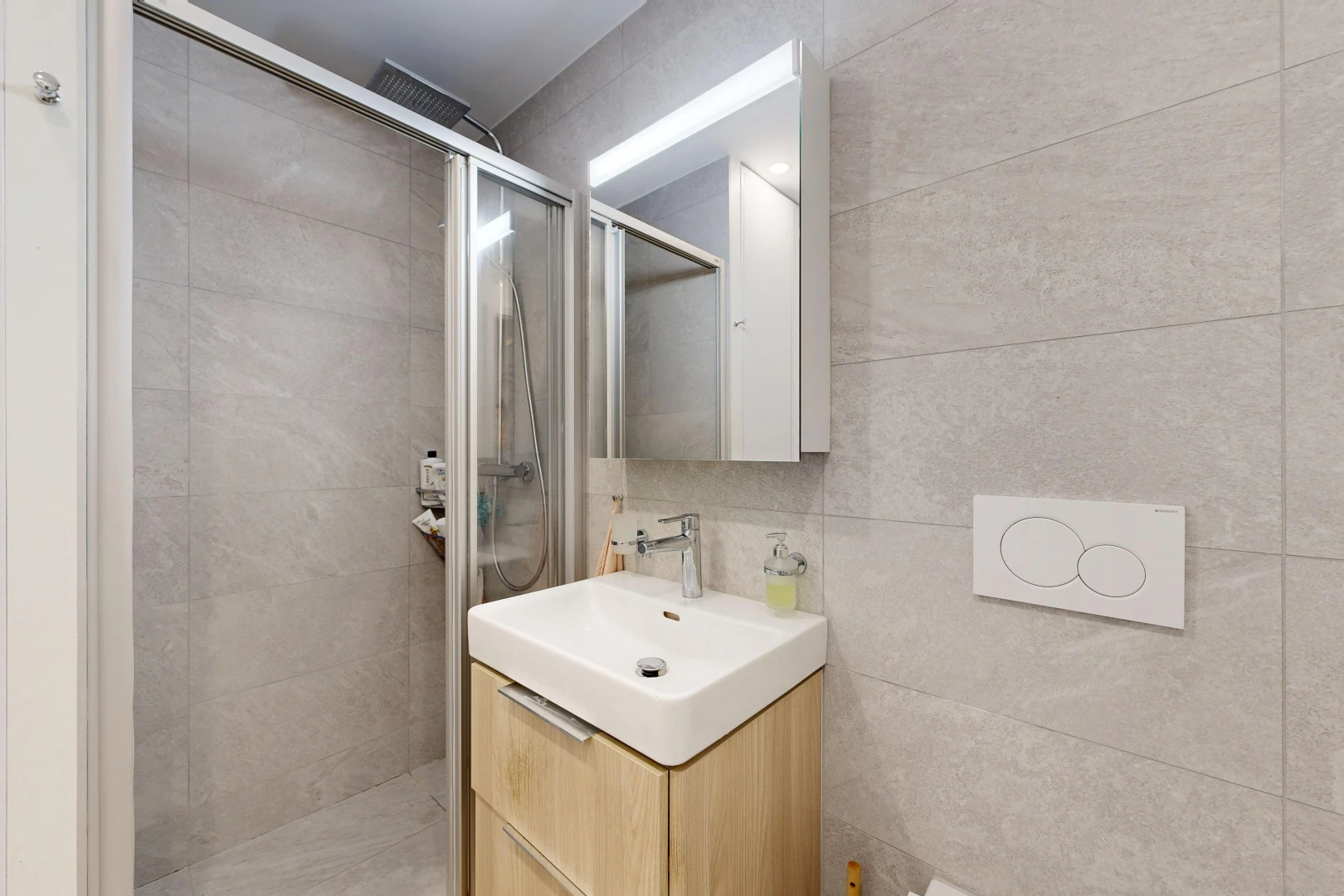 salle de bains avec douche, miroir, lavabo (ou coiffeuse selon le contexte), salle de bain complète, et évier