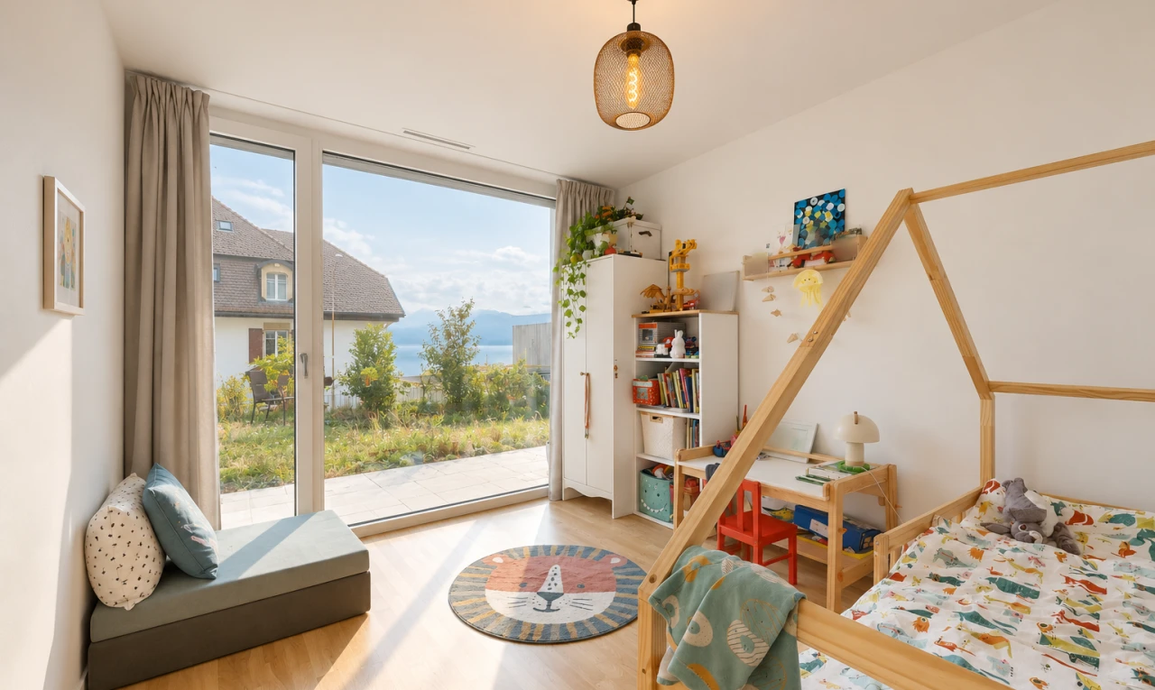 chambre avec accès à l'extérieur, cloison sèche, drywall, day time, et sol en finition bois